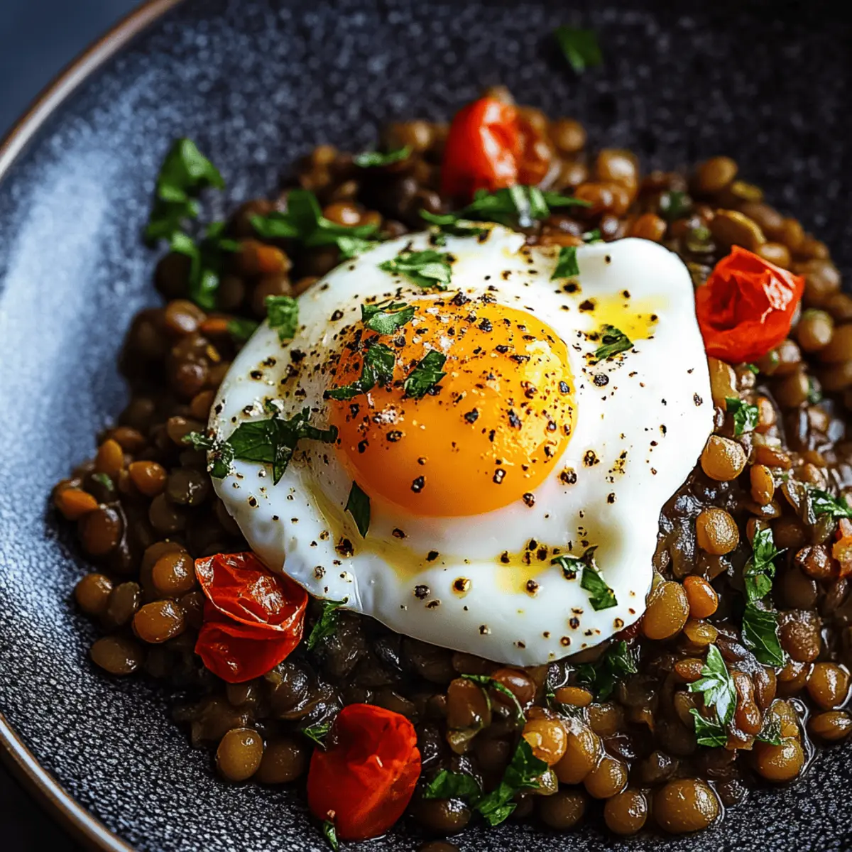 Mediterranean Braised Lentils with Poached Egg