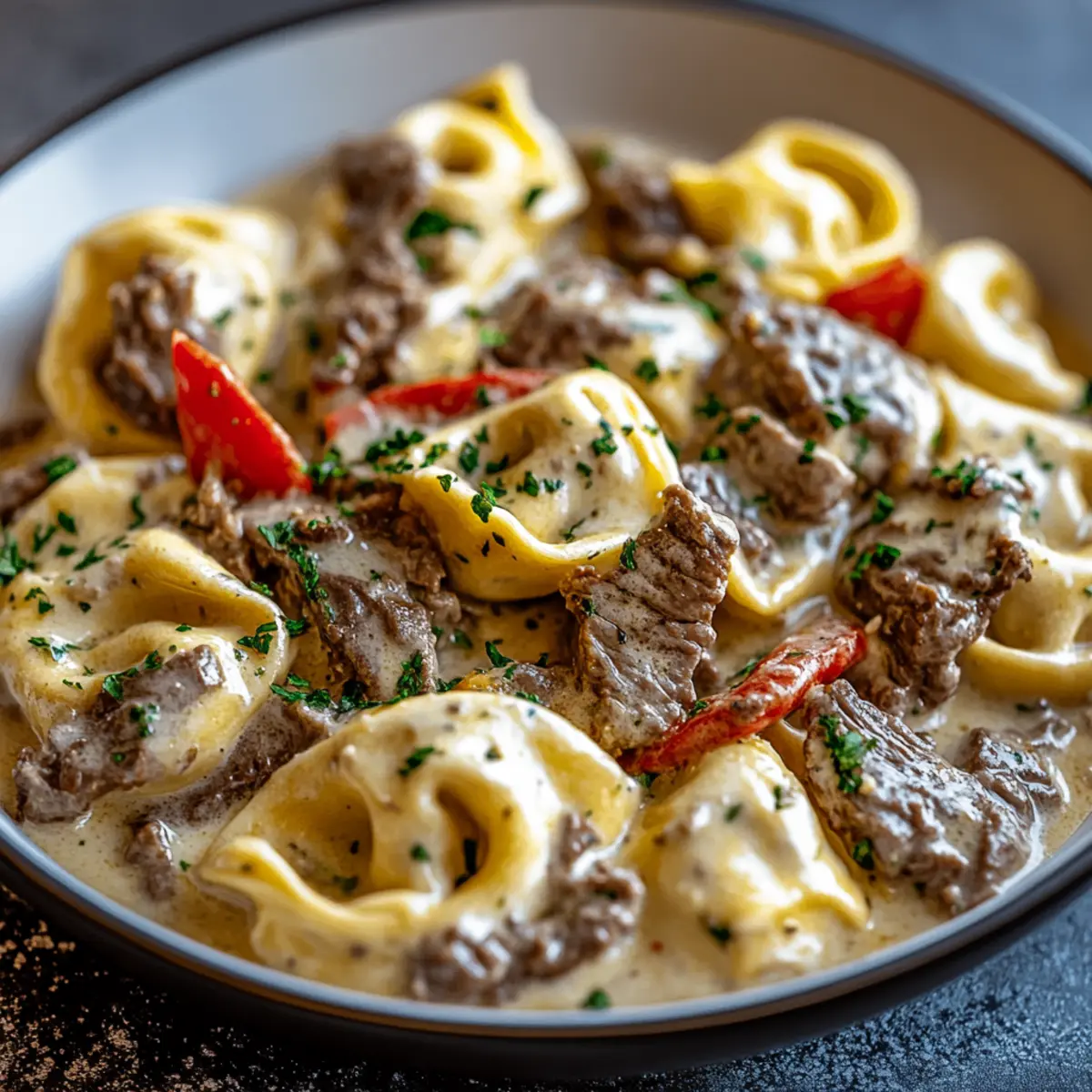 Cheesesteak Tortellini in Creamy Provolone Sauce