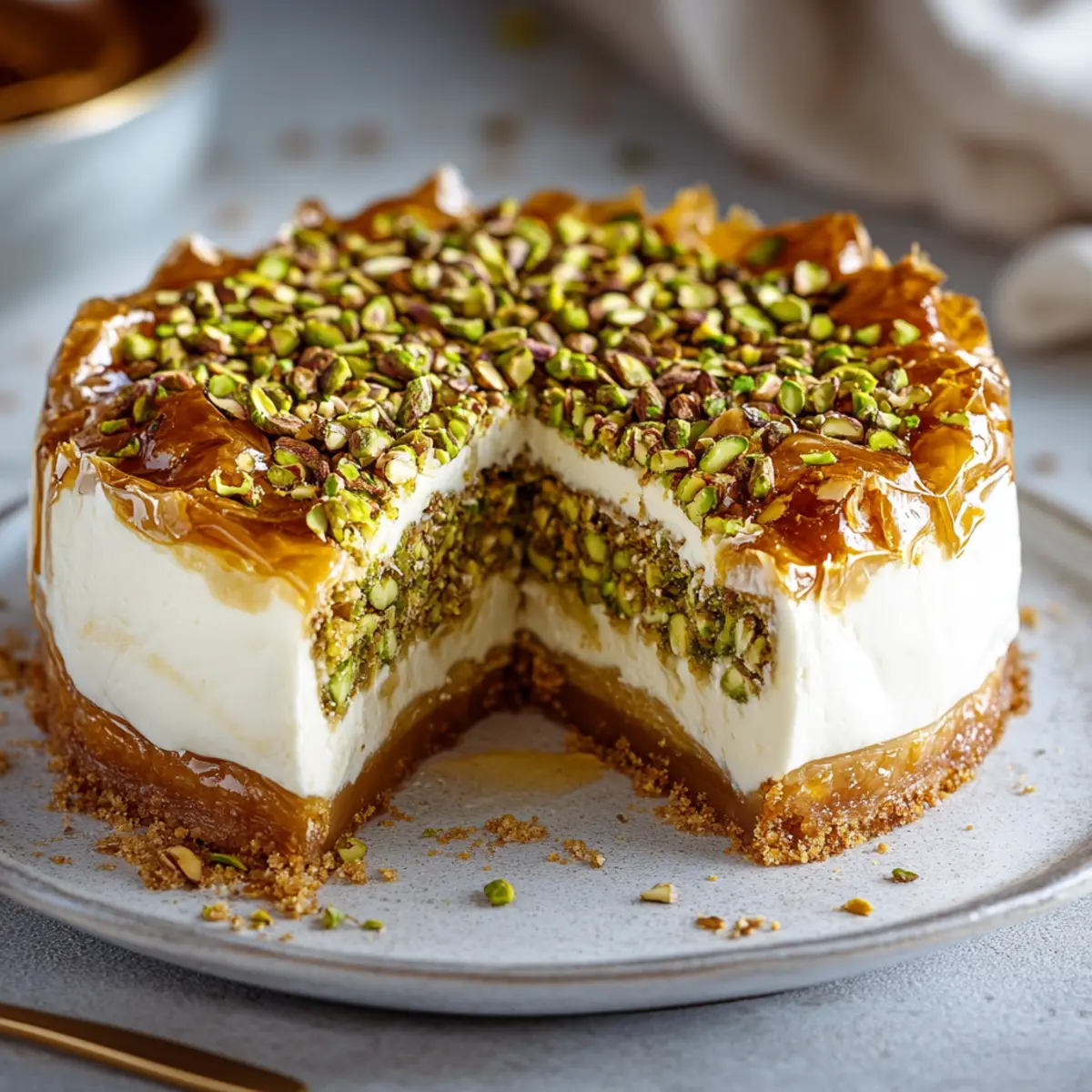 Honey Pistachio Baklava Cheesecake