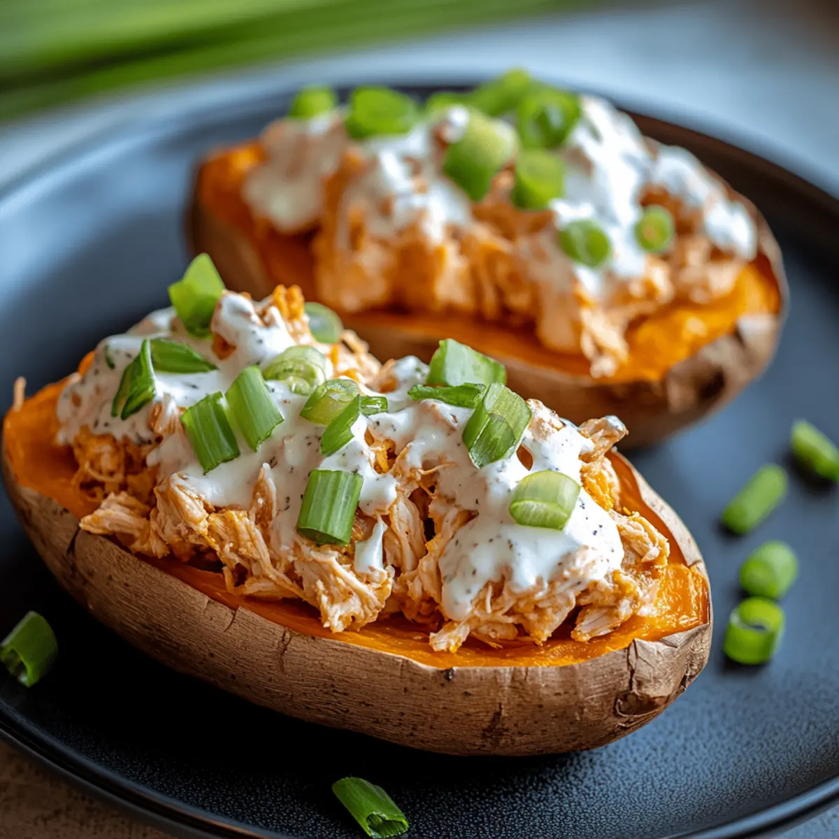 Buffalo Chicken Stuffed Sweet Potatoes